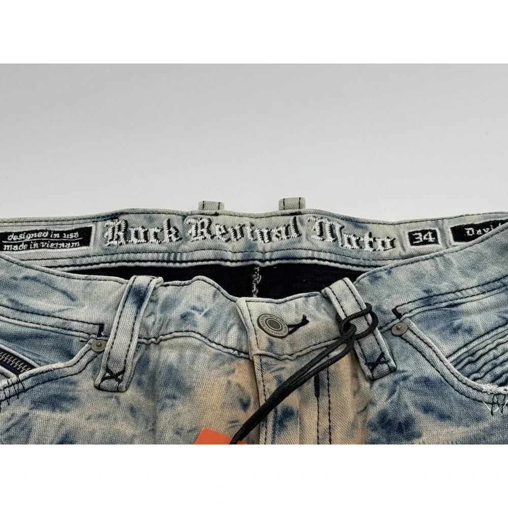 ROCK REVIVAL Daviday Moto Blue Acid Wash Distressed Jeans 34 x 32 Brand New
